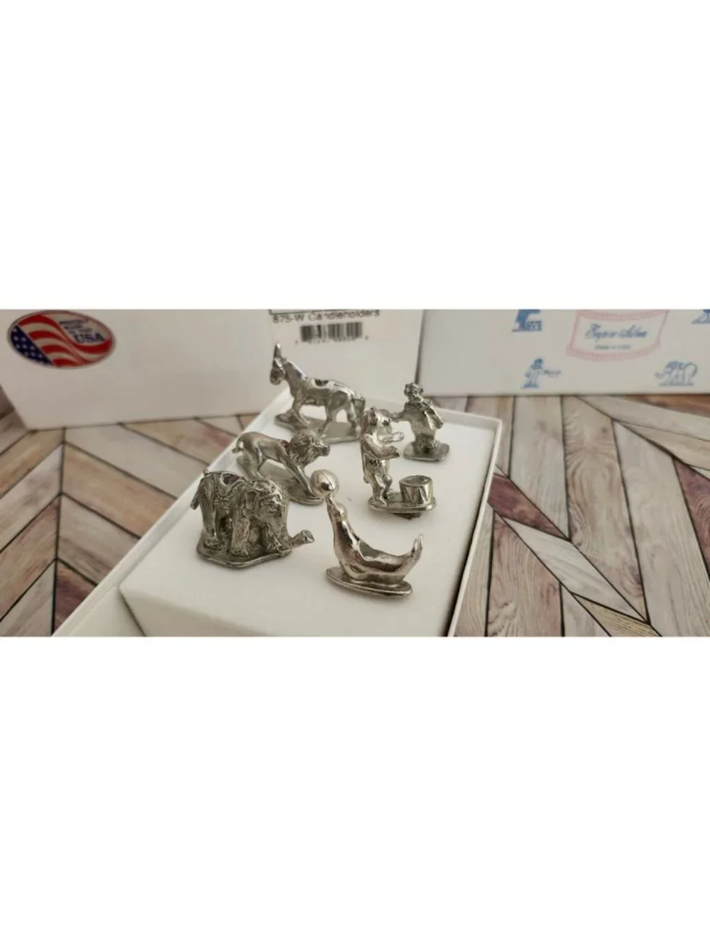 Vintage Empire Silver Pewter Circus Animals Birthday Candle Holders Set of 6